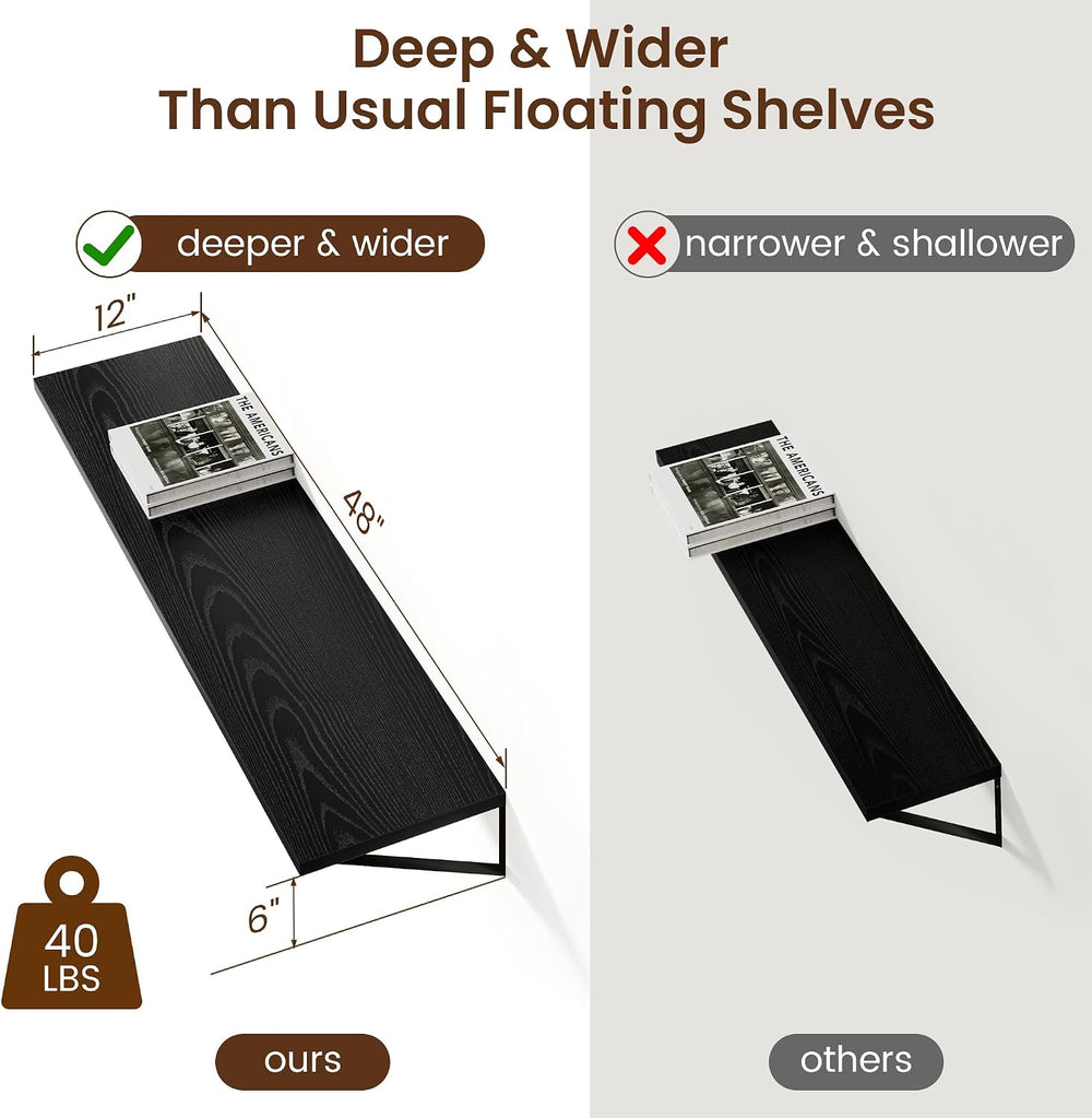 Axeman Floating Shelves for Wall Black- 48 Inch Wide x 12 Inch Deep Wall Shel...