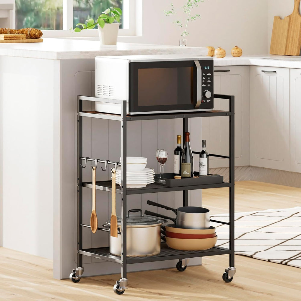 3-Tier Metal Storage Rack with Industrial Wheels,Mesh Shelving Unit with Wood...