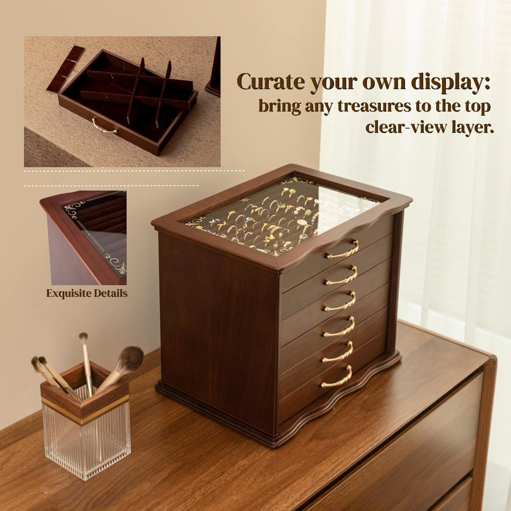 KINTNESS Black Walnut Wooden Jewelry Box - 6 Drawers Solid Wood Large Jewelry...