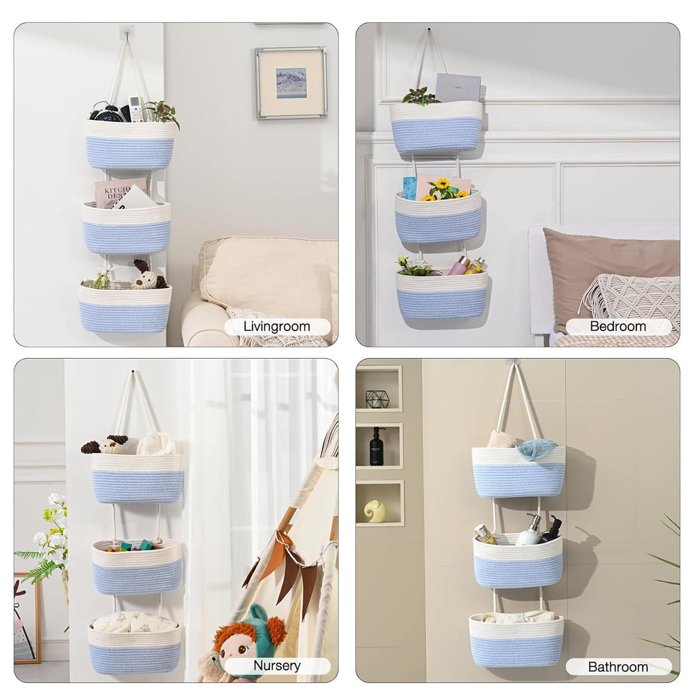 Hanging Baskets for Organizing 3-Tier Basket Light Blue & Off White