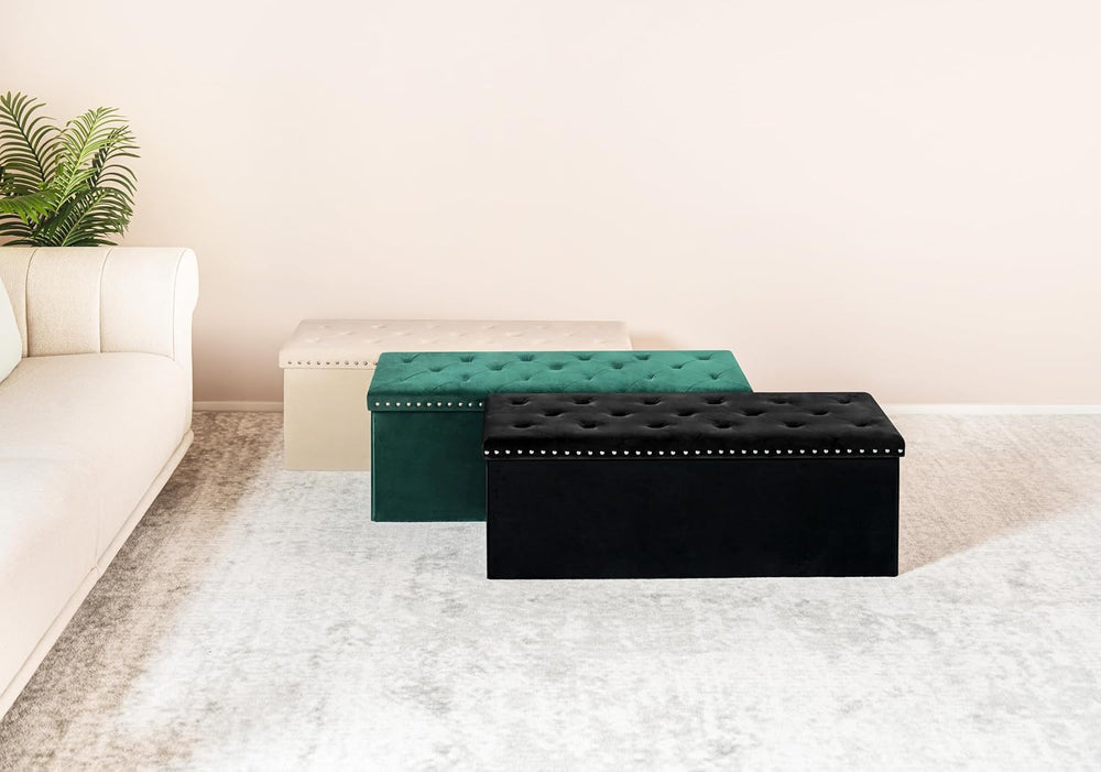 PINPLUS Folding Storage Ottoman Bench, Black Faux Leather