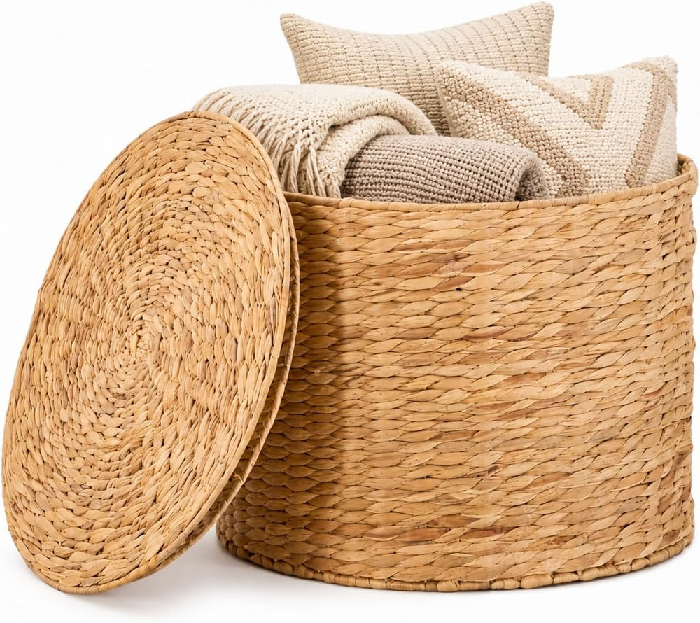 Round Water Hyacinth Storage Ottoman with Lid