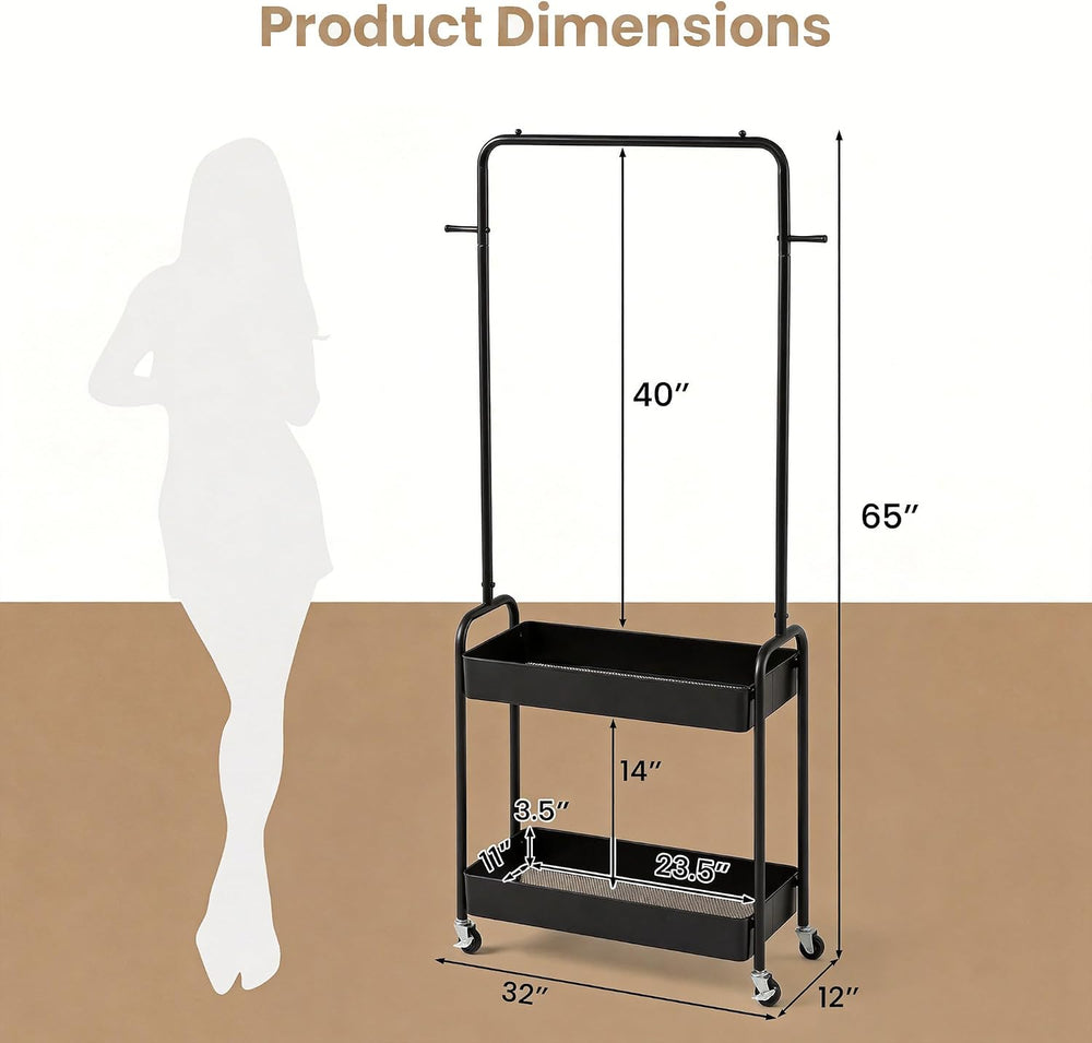 COSTWAY 3 in 1 Rolling Metal Clothes Rack with 2 Baskets & Hooks (Black)