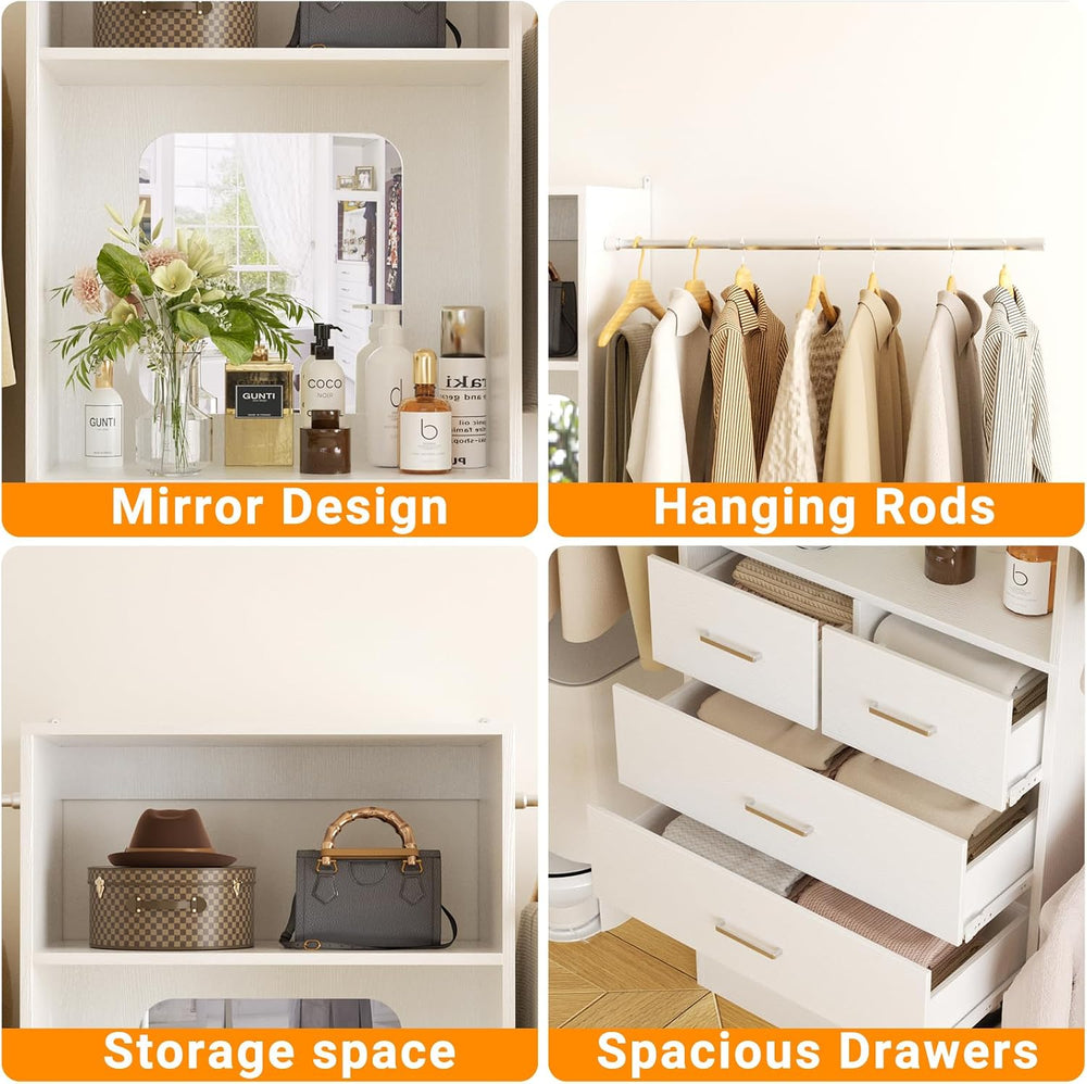 Unikito 6-14FT Walk in Closet Systems with 8 Drawers and Mirror, White