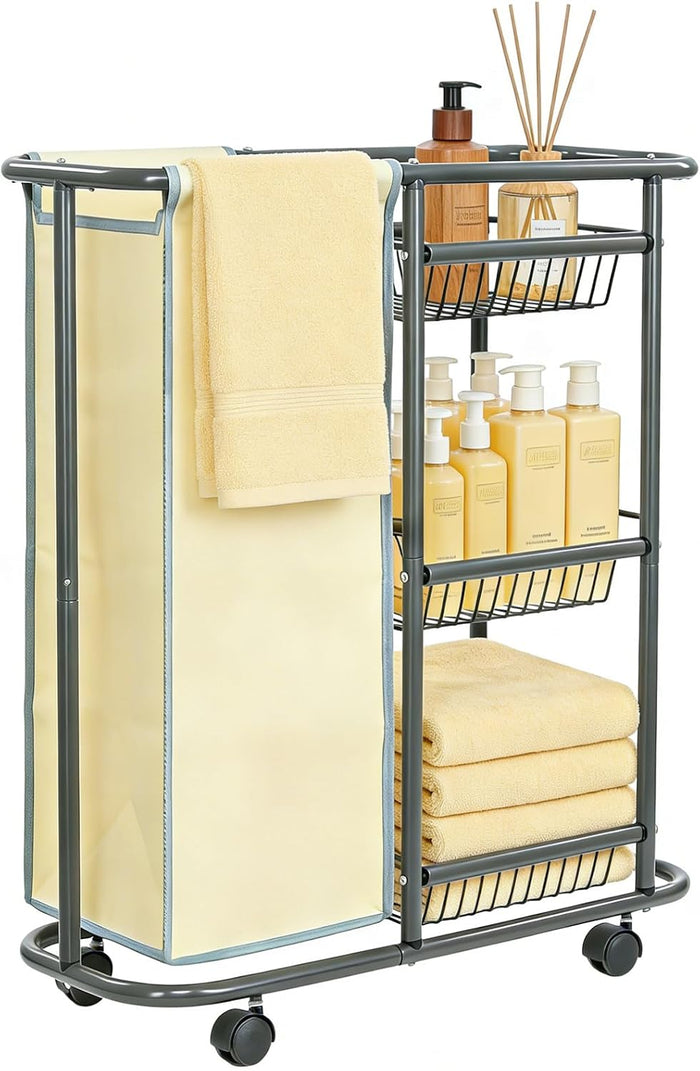 Slim Laundry Cart with Wheels, 3 Tier Rolling Laundry Sorter with 45L Bag
