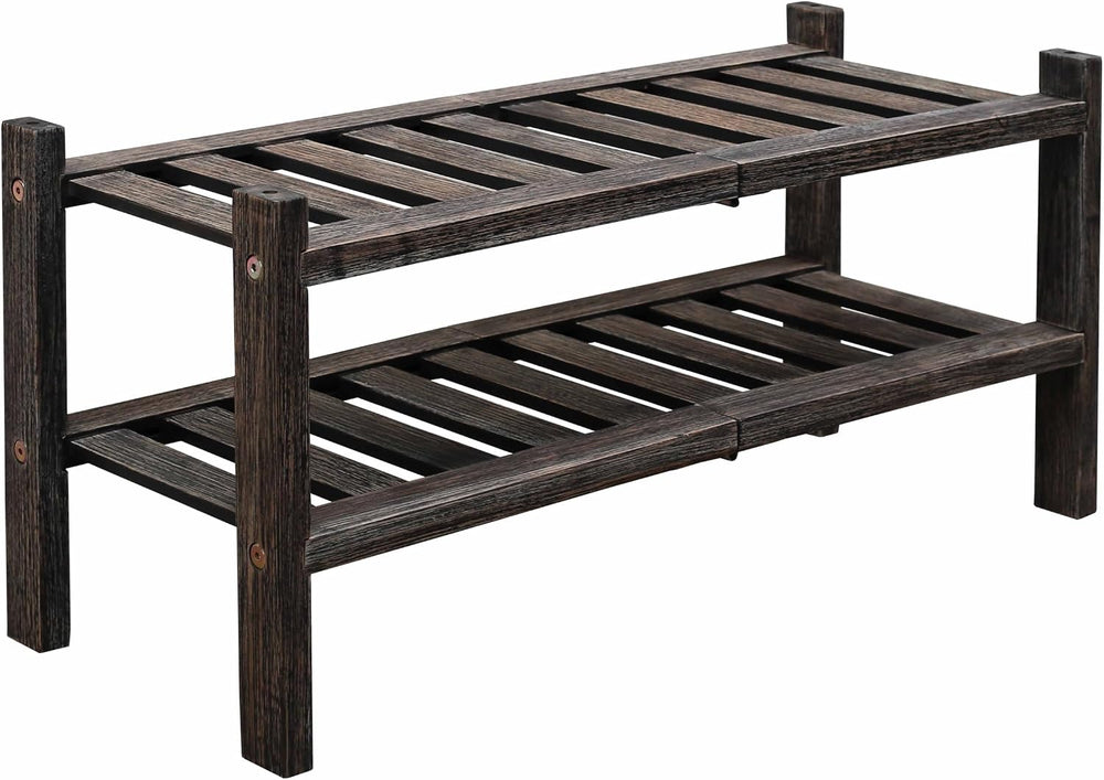 2-Tier Acacia Wood Stackable Shoe Rack - Brush Black