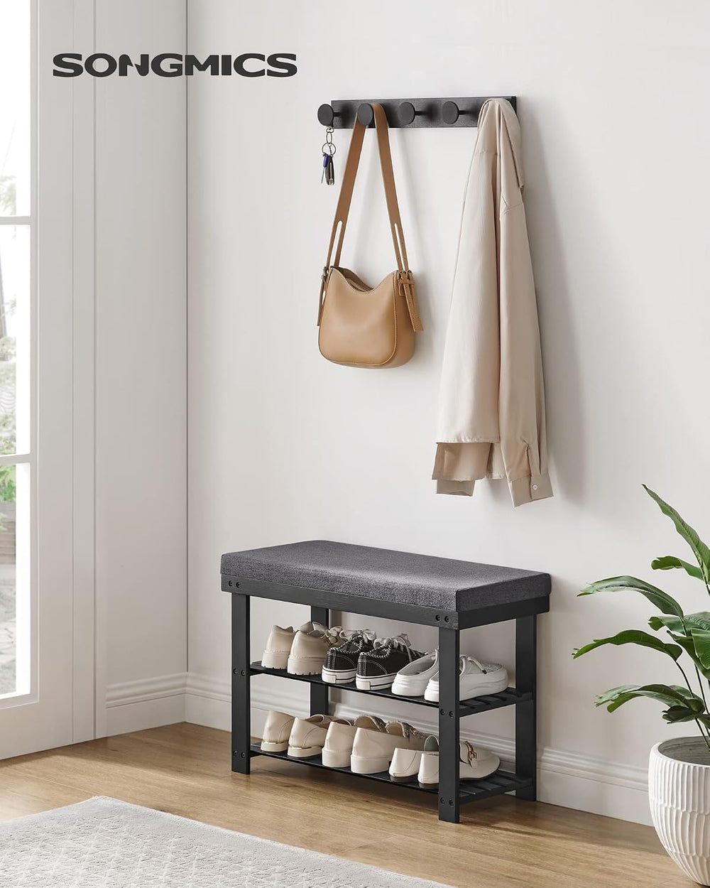 SONGMICS Bamboo Shoe Bench, 3-Tier Shoe Rack, 11.9 x 28.3 x 19.2 Inches