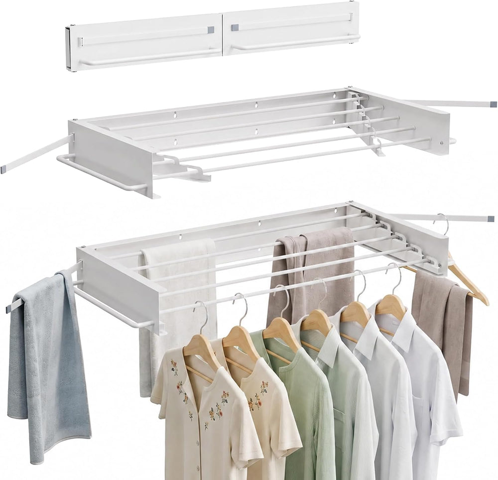 JOOM Wall Mounted Clothes Drying Rack,31.5 Inch Foldable Rack,White,Poles