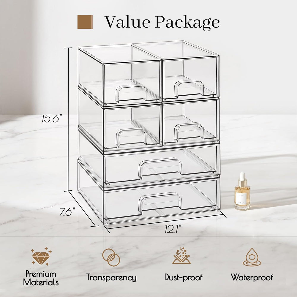 TIPGO Clear Stackable Storage Drawers, Acrylic Bathroom Makeup Organizer, Pla...