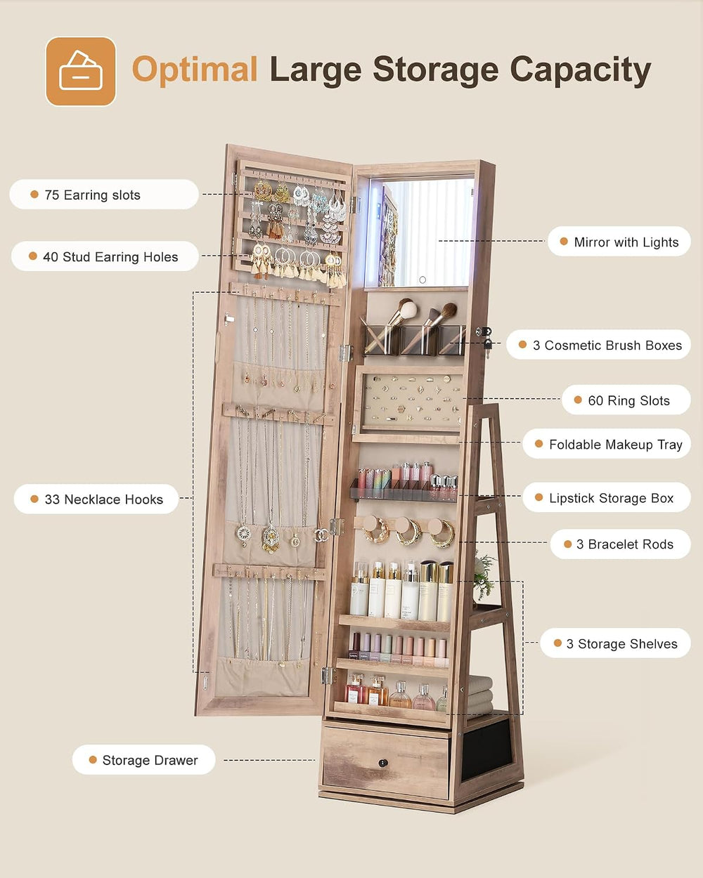 Nicetree 360° Swivel Jewelry Cabinet with Lights, Full Length Mirror, Oak