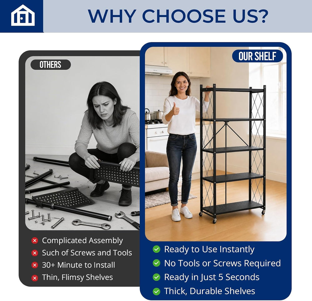 5 Tier Foldable Storage Shelf with Wheels, Heavy-Duty Metal Shelving Unit, No...