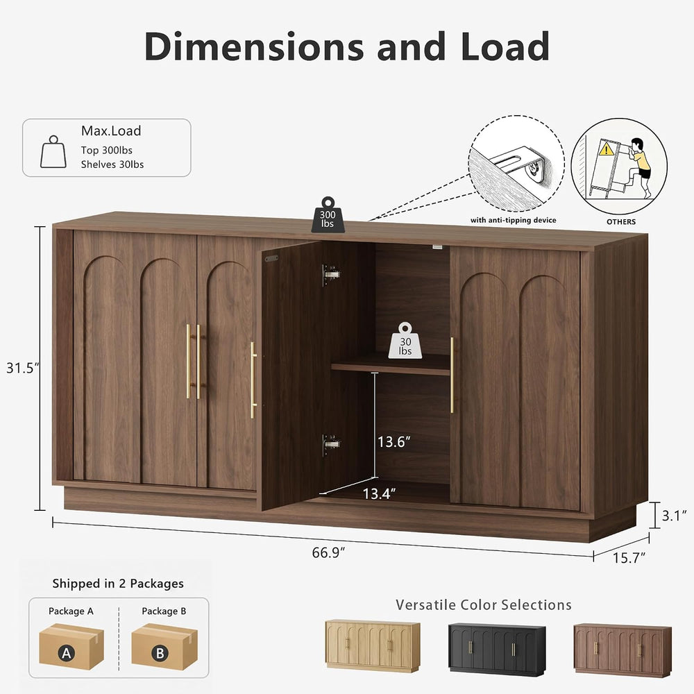 FORTUNETEC 67" Sideboard Buffet Cabinet with Storage, Arched Doors, Walnut