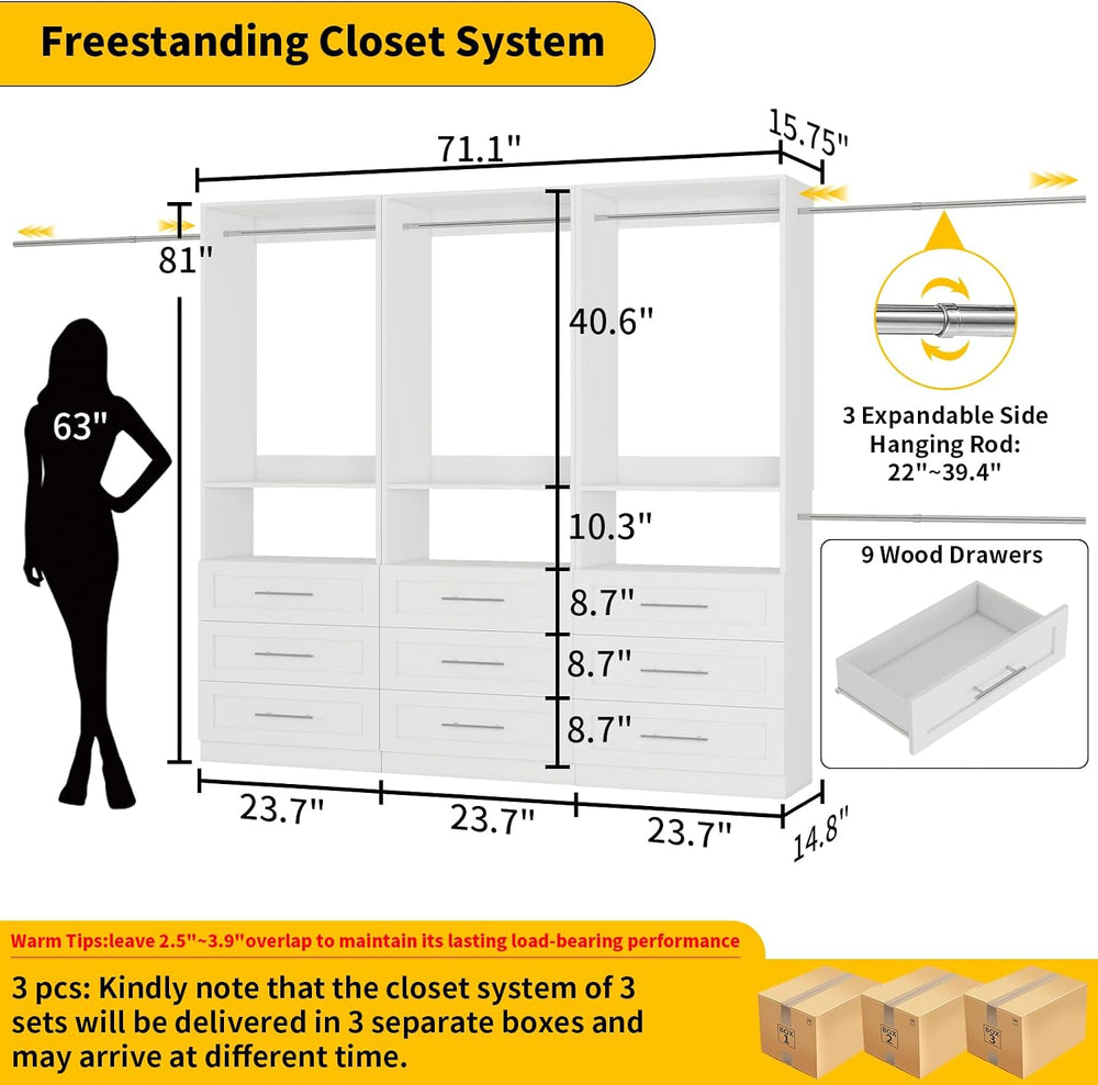 Closet System Set of 3, 6FT-15FT Closet System with 9 Drawers, Walk in Closet...