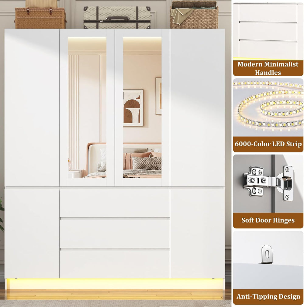 4 Doors Armoire Wooden Wardrobe Closet with 3 Drawers & 2 Mirror, 75"...