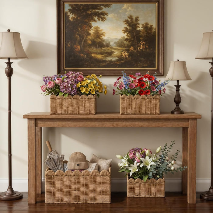 3 Pcs Wicker Baskets for Organizing,Scalloped Baskets, Hand-woven Wicker Storage Cubes, Paper Rope Shelf Baskets for Organizing and Decoration,Brown Basket