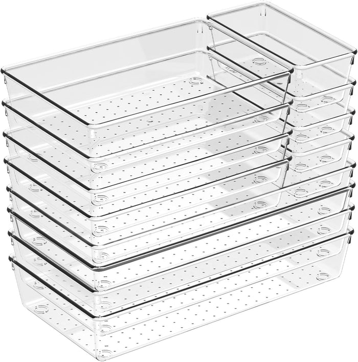 12 Pack Large Drawer Organizer Bins - Clear Plastic Bathroom Drawer Organizer Trays - Heavy Duty Kitchen Drawer Dividers for Utensils - Non-Slip Storage Bins for Makeup, Bedroom, Office Desk