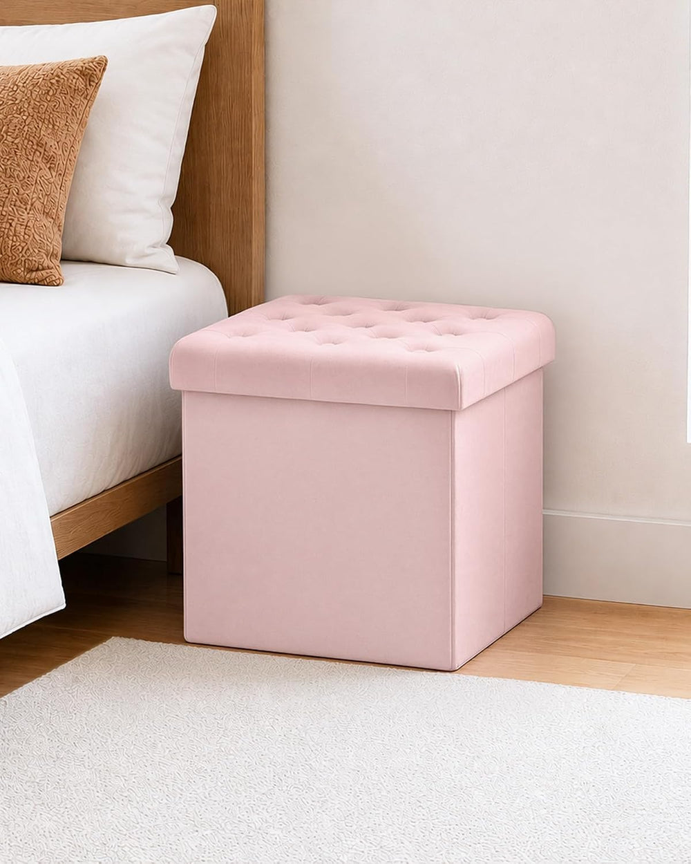 B FSOBEIIALEO Storage Ottoman Cube, Velvet Tufted Folding Ottomans with Lid, ...