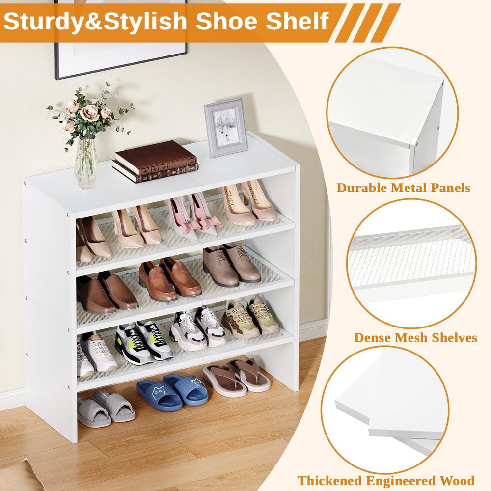 4-Tier Expandable Shoe Rack for Closet,White Shoe Organizer Shelf for Entrywa...