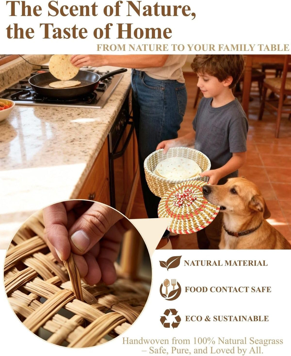 Handwoven Seagrass Tortilla Warmer Basket with Lid, 9.6" Breathable Natu...