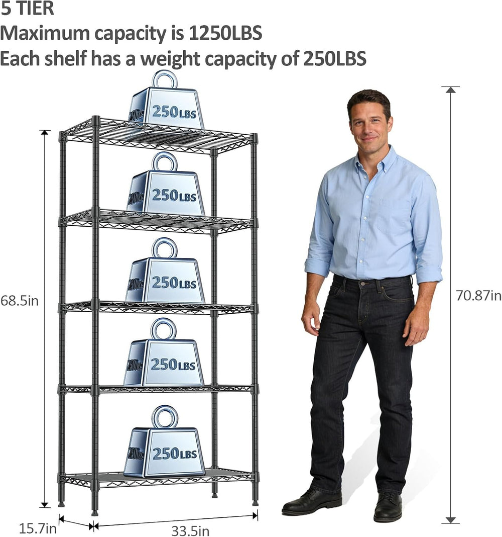5-Tier Metal Shelving Unit, 24" Wide Wire Shelving for Pantry & Garage