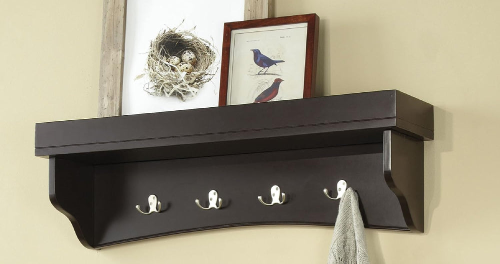 Shaker Cottage Coat Hooks with Tray Shelf, Chocolate - Wall Mounted Storage R...