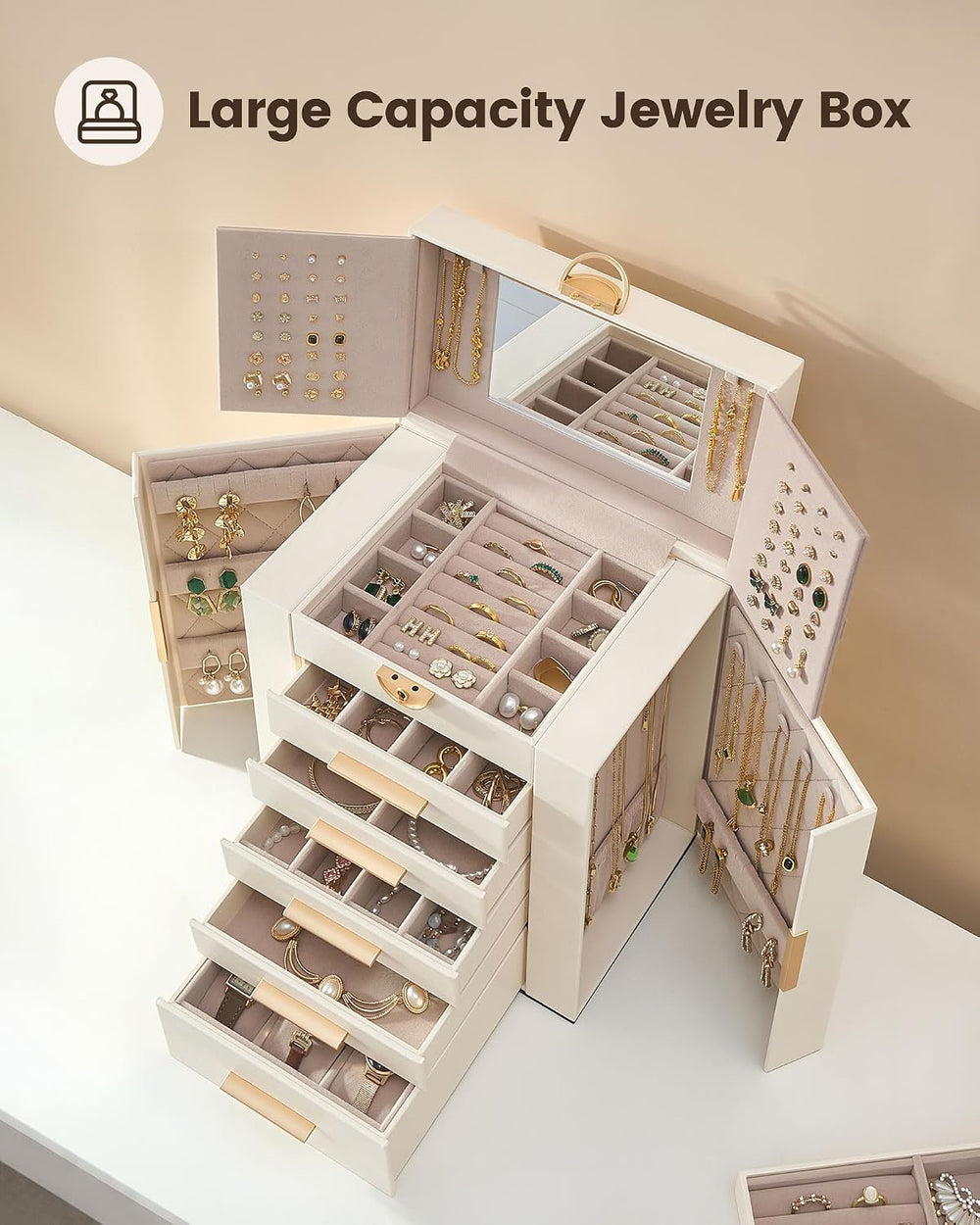 Lolalet Large Jewelry Box, 6-Layer Jewelry Organizer with 5 Drawers -Beige