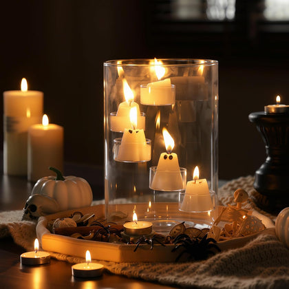 Reallnaive Halloween Glass Hurricane Candle Holder with Candles and Tea Light Clear Cylinder Pillar Candle Holder for Halloween Table Centerpiece Decorations (13 Candles,Single Style) (13 Pcs)
