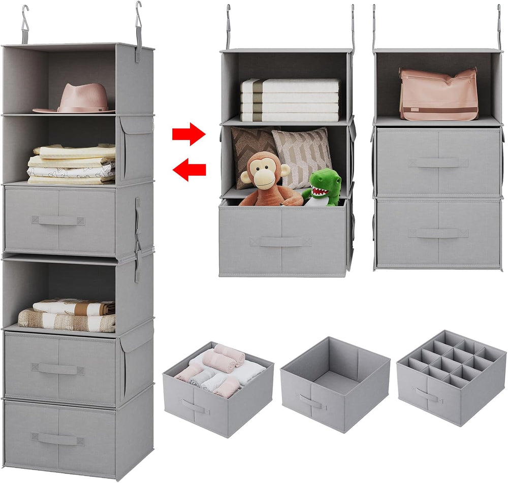 6-Shelf Hanging Closet Organizer with 3 Drawers, Separable, Medium Gray