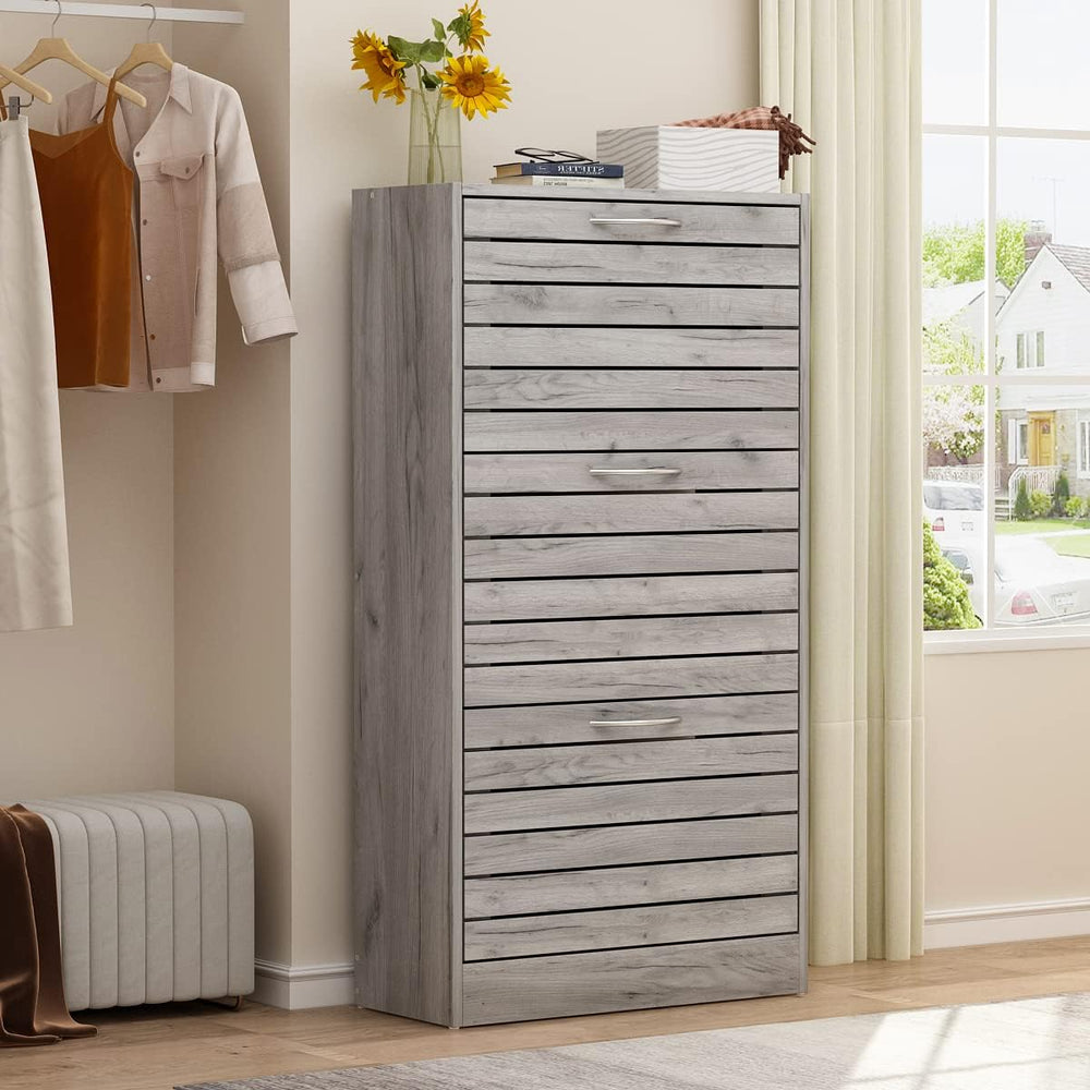 AGOTENI Shoe Cabinet, Grey Narrow Shoe Storage Cabinet with 3 Flip Doors &...