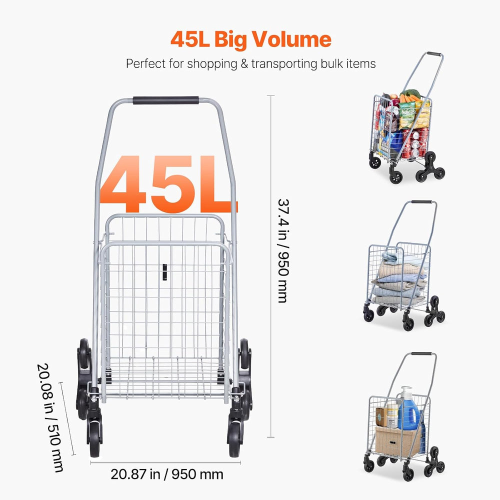 VEVOR Grocery Shopping Cart, 45L Stair Climbing Shopping Cart with 360° Rolli...