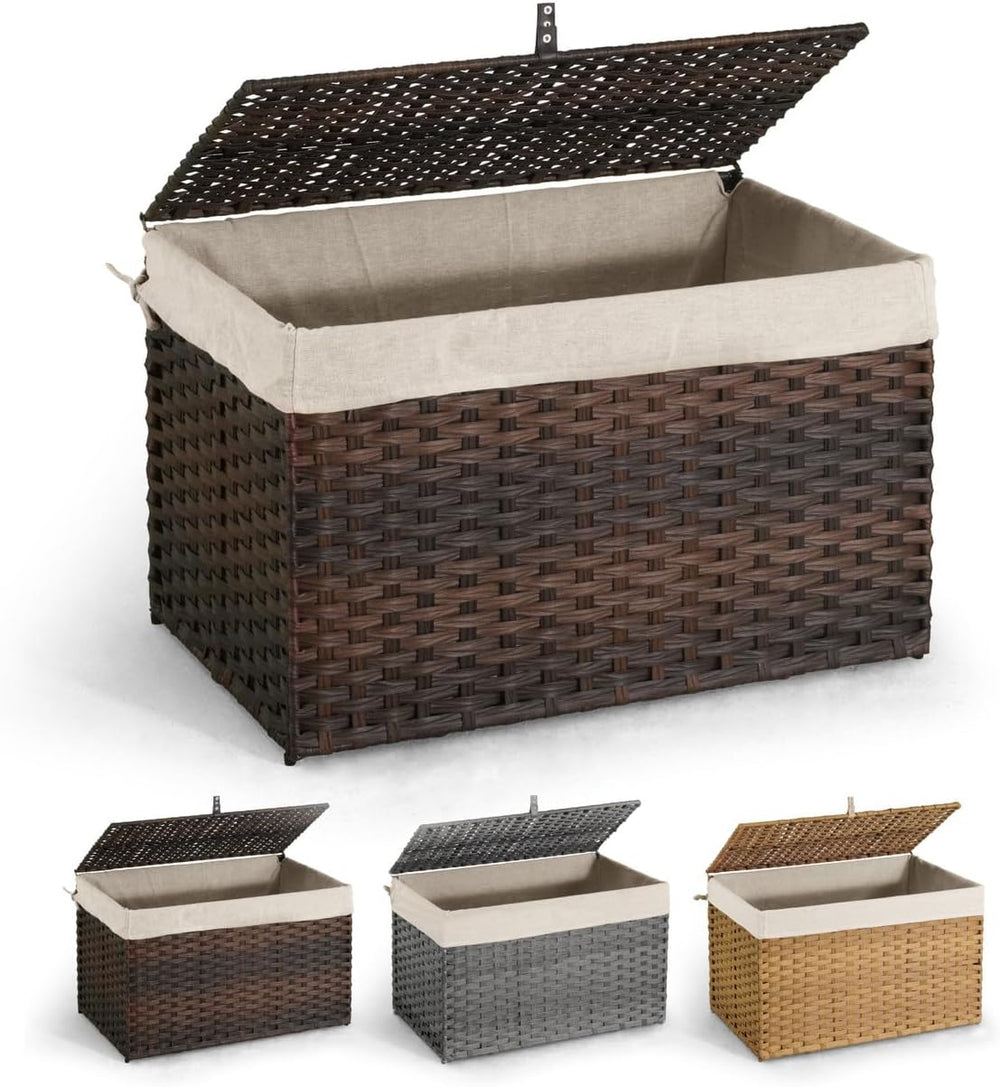 CAPHAUS Handwoven Storage Basket w/ Lid & Handles, 2 Removable Liner Bags...