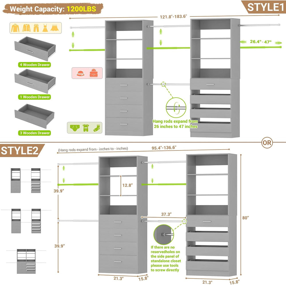 Aheaplus Closet System, 6-15Ft Custom Wood Closet Organizer with 8 Drawers