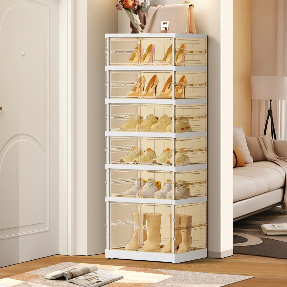 EHAMILY 6-Tier Foldable Shoe Rack Organizer with Doors, 12 Pairs, White