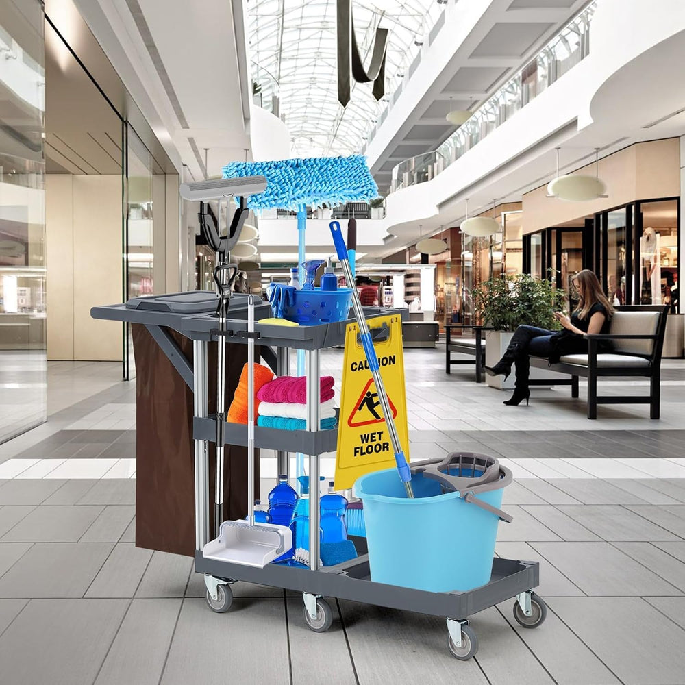 Commercial Janitorial Cart with Wheels, 3 Shelf Cleaning Trolley Cart with 16...