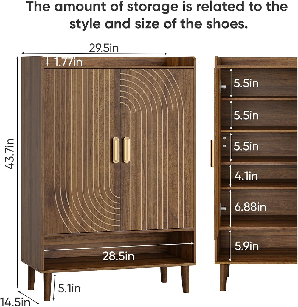 Smuxee Walnut Shoe Cabinet with Line Groove Design, 6-Tier Shoe Storage Cabin...