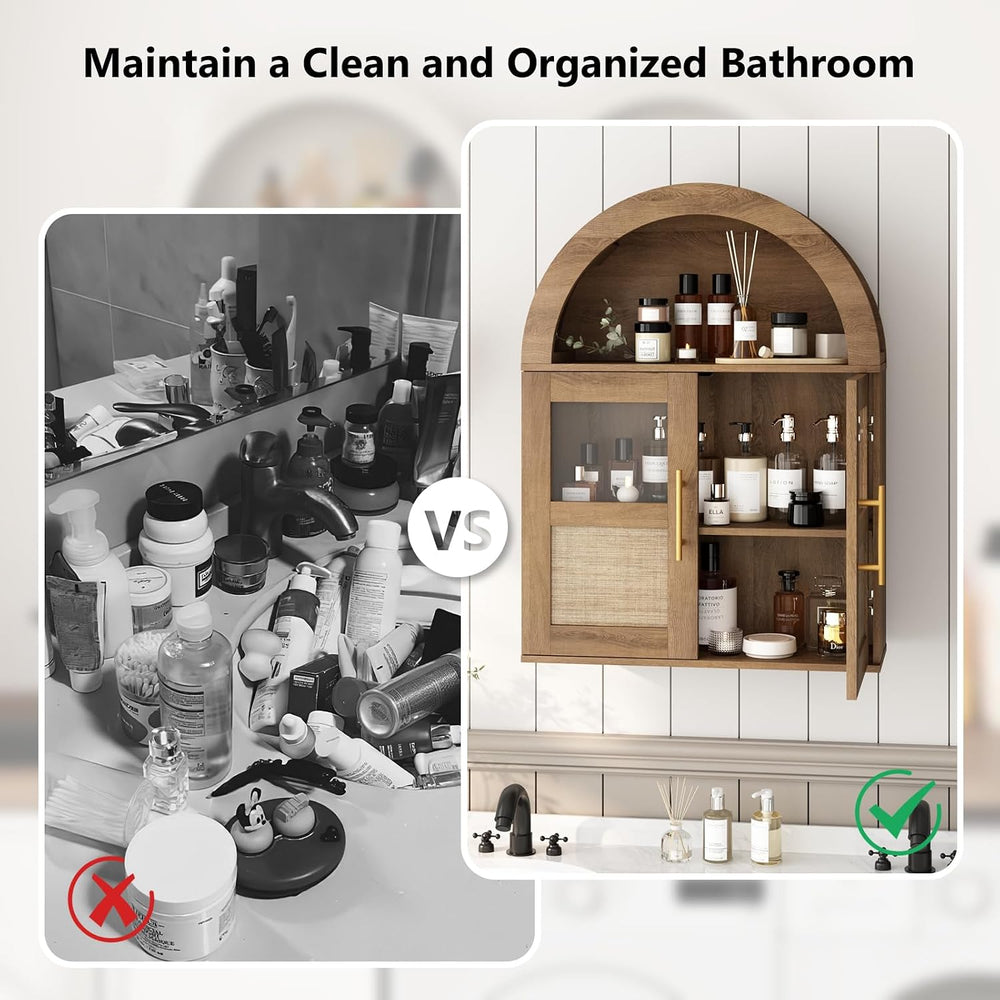 RUSTOWN Arched Bathroom Wall Cabinet with 2 Glass & Rattan Doors