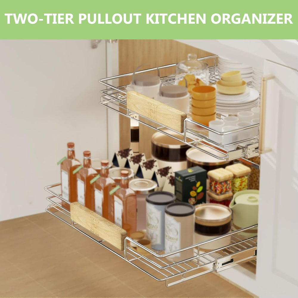 2 Tier Pull Out Cabinet Organizer with Wooden Handle, 28½" W x 21½"...