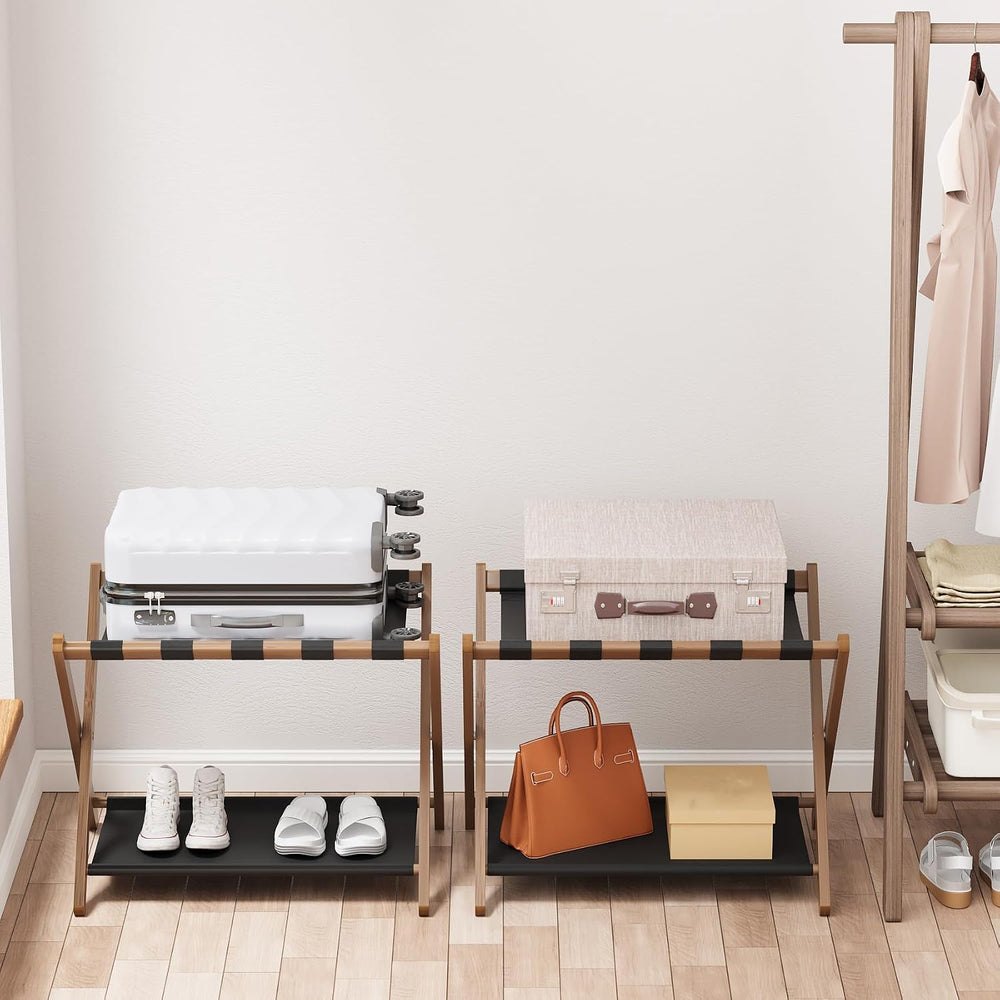 Smuxee Walnut Bamboo Luggage Rack Pack of 2, Foldable Suitcase Stand with Sto...