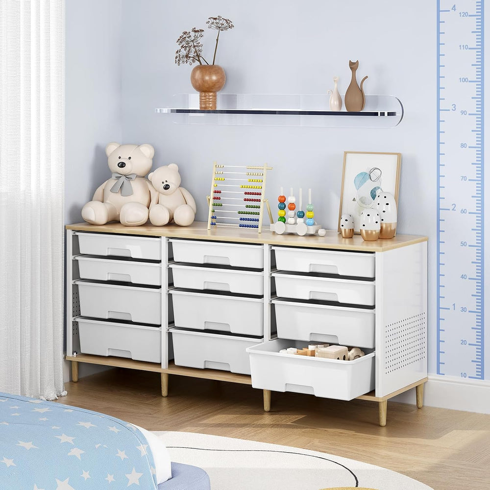 TOOLF 12 Drawers Storage Cabinet with Wooden Top and Plastic Bins, White