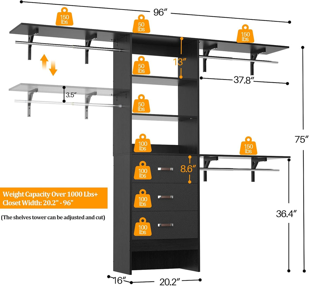 Besiost Closet System with Drawer - 8FT Wood Closet Organizer System with 3 H...