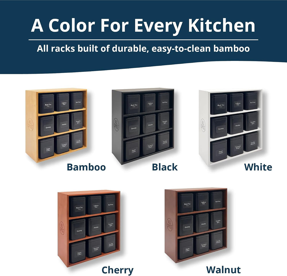 AllSpice Tea Organizer Rack with 9 Tins & 160 Magnetic Labels – Perfect f...