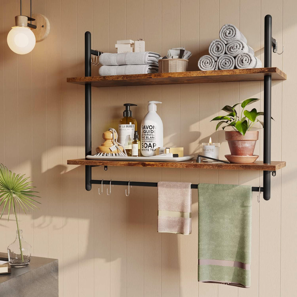 Bestier 31" Industrial Pipe Wall Shelf with Towel Bar, Rustic Brown