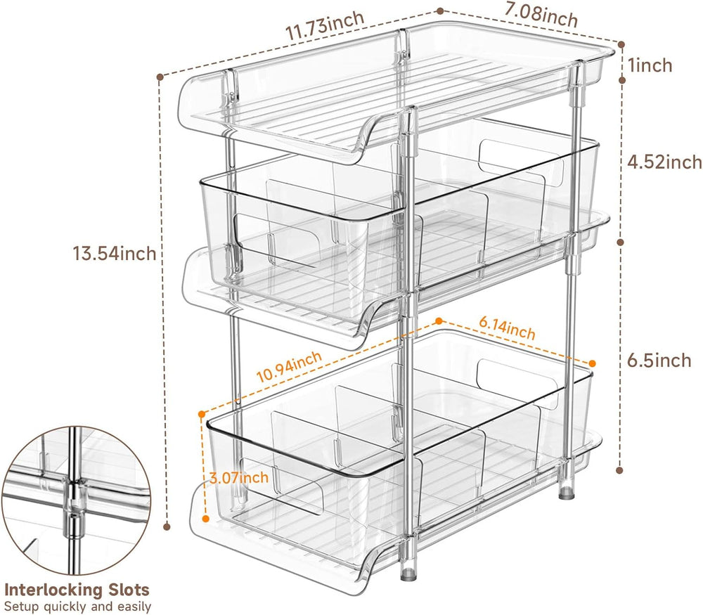 2Set 3 Tier Clear Bathroom Organizer with Dividers, Pull-Out Pantry Organizat...