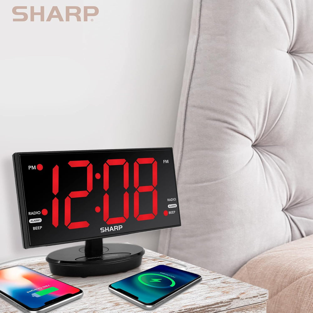 Sharp AccuSet Digital Alarm Clock, 8.9" Tilt/Swivel, FM Radio, Dual USB
