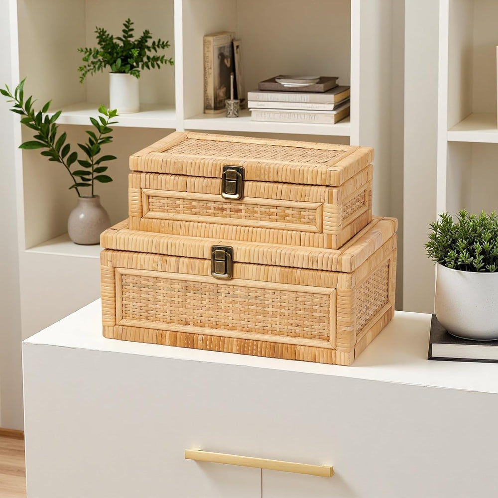 Rattan Box with Lid Decorative Natural Handmade Boho Baskets
