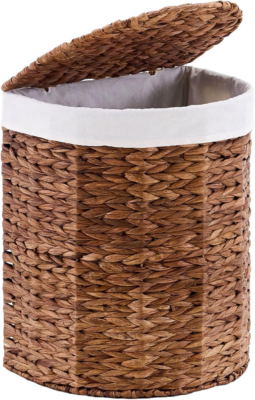 Water Hyacinth Laundry Hamper with lid, Half Moon Shape with 2 Removable Clot...