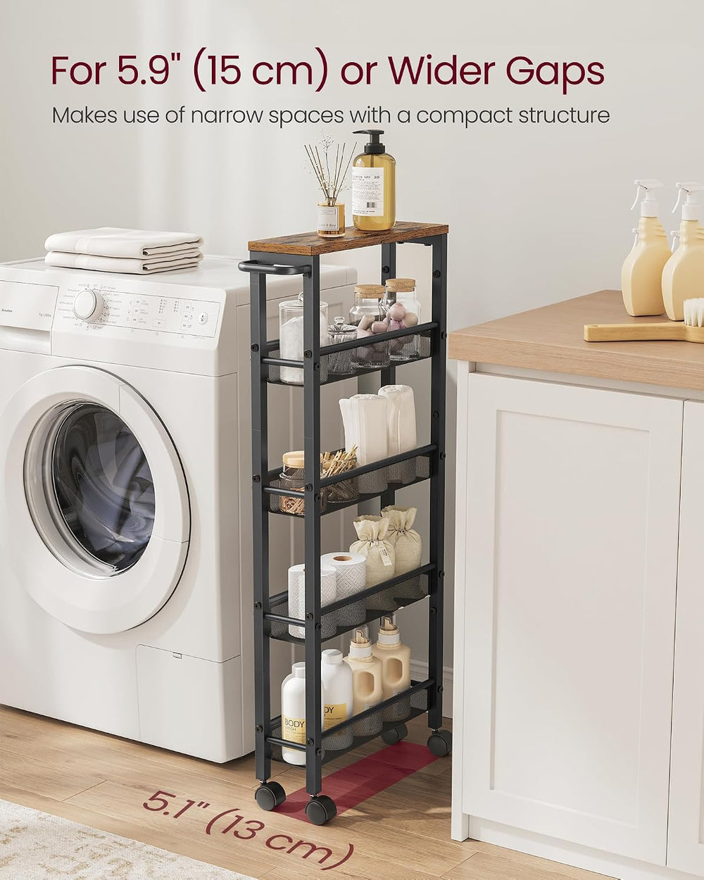 VASAGLE 5-Tier Slim Rolling Storage cart with Wheels, 5.1 Inches, Metal
