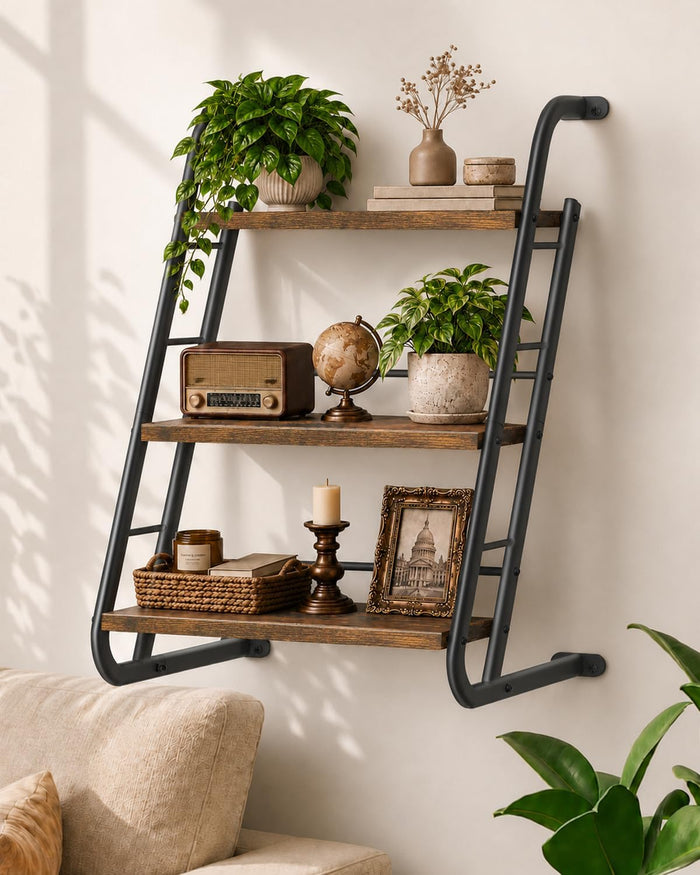 Floating Shelves for Wall,3-Tier Rustic Wood Ladder Wall Shelf,16" Brown