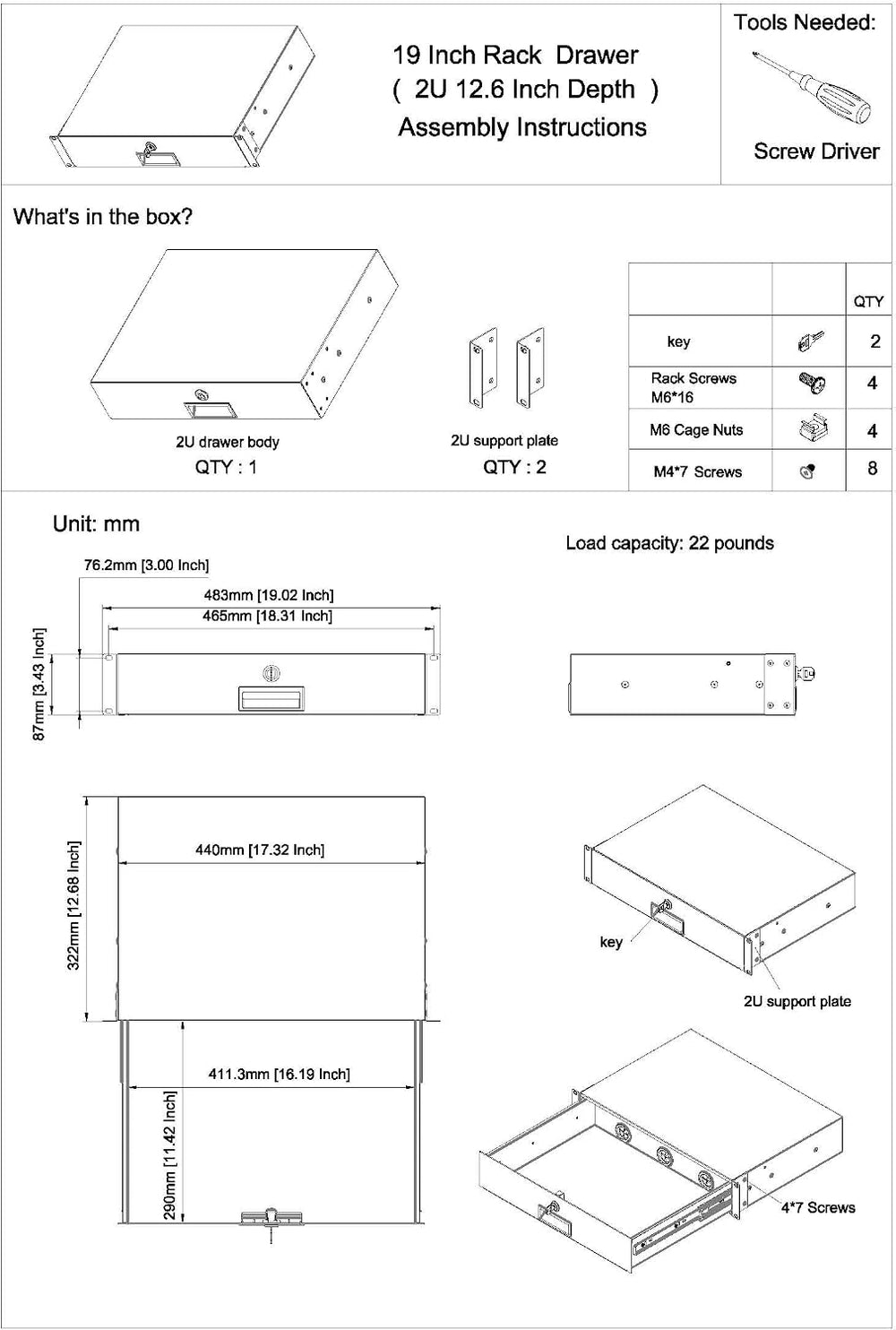 2U Server Cabinet Case 19 Inch Rack Mount Lockable Drawer