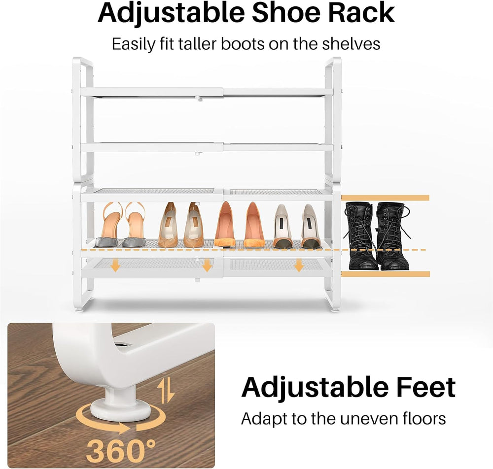 Expandable Metal Shoe Rack for Closet, Entryway & Garage, 4-Tier, White